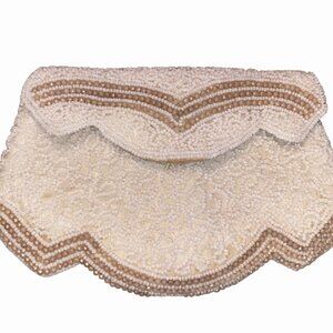 Vintage Beaded Ivory Clutch Purse1900s Scalloped Edge Satin Lining